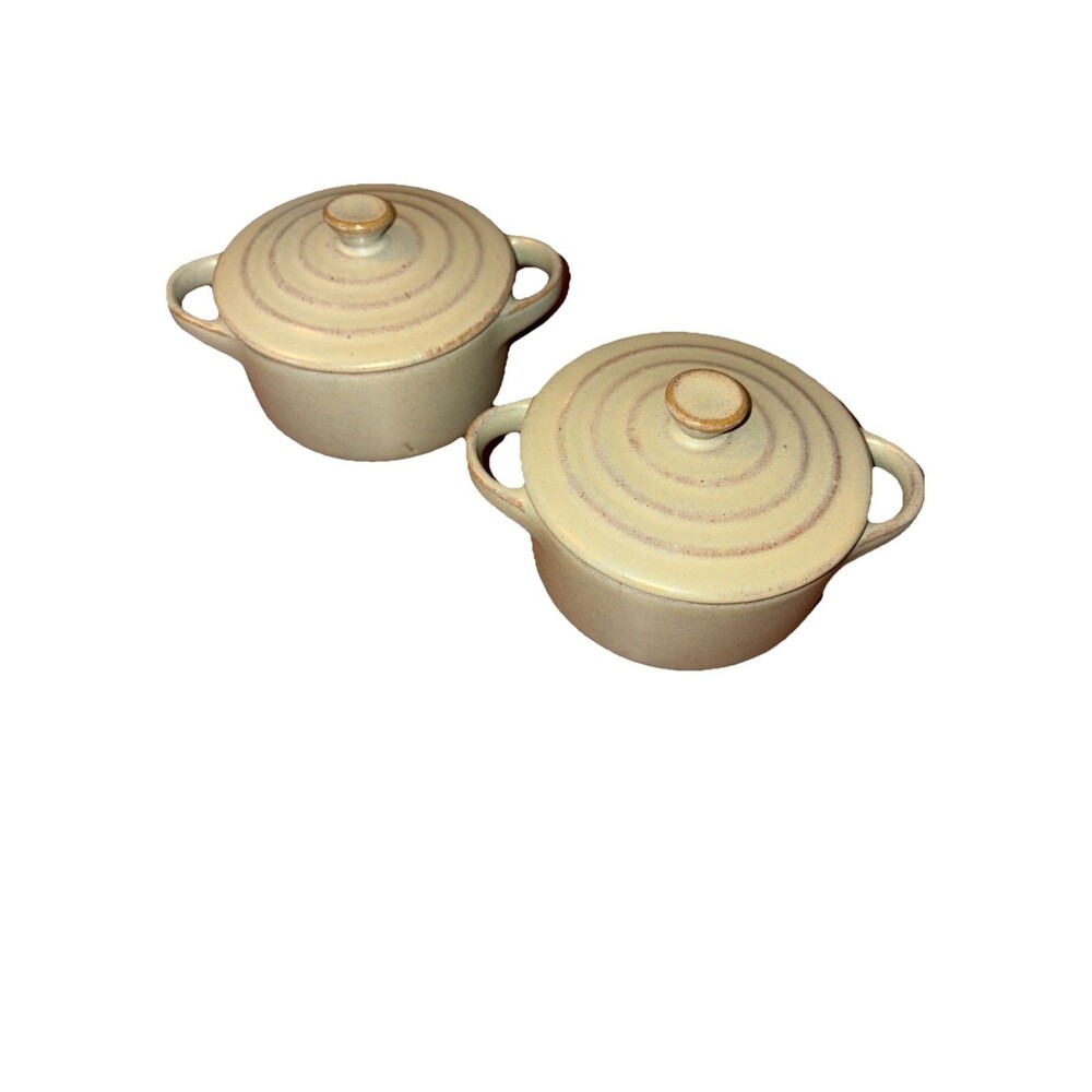 2 Hobby Lobby Pale Gray Mini Crock Ramekins w/ Lids Stoneware 2” X 3.5”